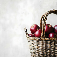 Red apples in wicker basket, rustic background, autumn harvest, food photography