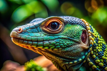 Fototapeta premium Penang Zoo Reptile Portrait: Close-up of a vibrant reptile at Penang's renowned zoo, showcasing intricate scales and captivating gaze.