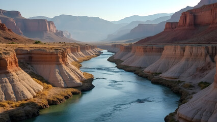 Mountain River Flowing Through Unique Badlands Landscape with Dramatic Scenery and Natural Beauty in a Geological Setting