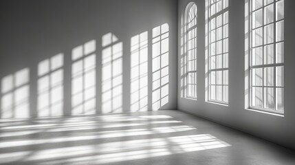 Bright, minimalist interior with large windows casting shadows on the floor in a serene environment