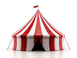 Colorful circus tent with red and white stripes and a decorative flag on top.
