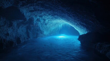 Bioluminescent Cave Underwater Scene Dark Blue Glowing Water