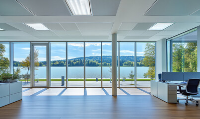 Bright office with polished parquet floors and large windows offers a stylish, productive workspace environment