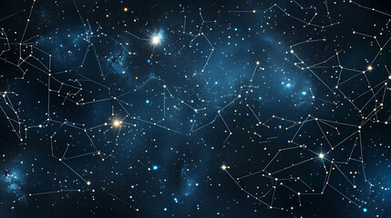 Fototapeta premium Night sky displaying constellations with bright stars over a dark cosmic background. Celestial Cartographers. Illustration