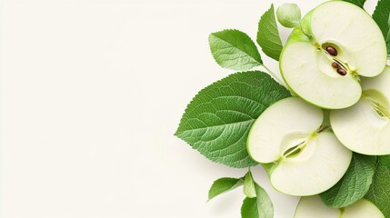 A minimalist arrangement of green apple slices fanned out in a circular shape, no background 