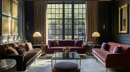 Elegant lounge with velvet seating and luxurious fabric finishes, exuding a sophisticated modern chic atmosphere
