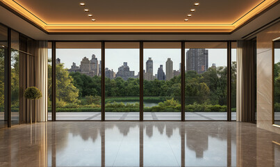 Spacious hallway with polished stone floors and large windows offering expansive light-filled luxury in modern design