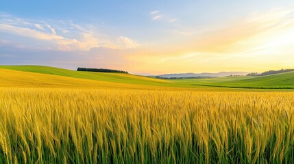 Fototapeta premium Golden Wheat Field Rolling Hills Sunset Landscape