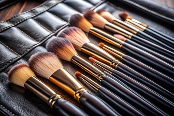 Fototapeta premium Professional Makeup Brushes in Elegant Black Leather Case - Beauty Tools & Accessories Stock Photo