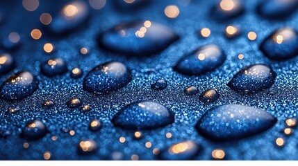 Close-up of water droplets on a textured blue surface, creating a serene and refreshing atmosphere