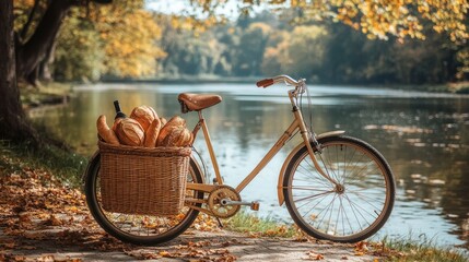 Fototapeta premium Autumnal Bike Ride with Fresh Bread by River