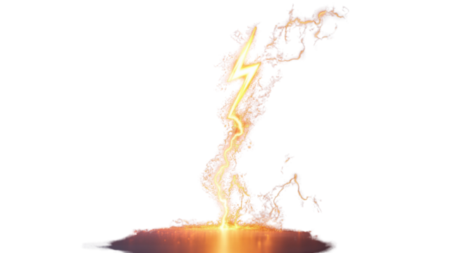 Realistic lightning bolt striking ground on transparent background