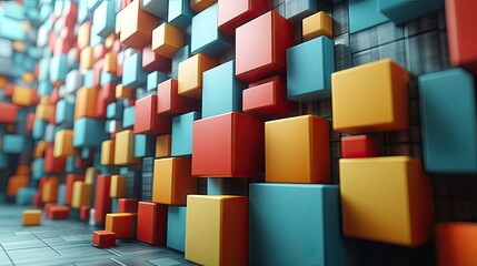 Fototapeta premium Colorful abstract cubes arranged on a wall, creating a vibrant 3D effect in a modern space