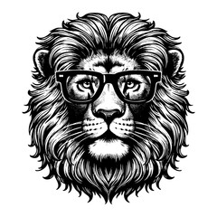 Obraz premium Lion wear eyeglasses engraving black and white outline. Scratch board imitation. illustrated in vintage line art style on a white background.