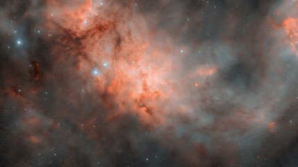 Obraz premium Cosmic Nebula Orange Gray Cloudscape Scattered Stars Dark Background