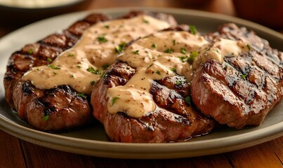 A plate of very delicious and juicy steaks, generation AI 