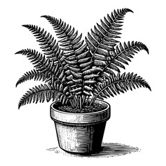 Fern on pot engraving black and white outline. Scratch board imitation.

