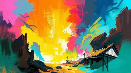 Fototapeta premium vibrant landscape painting with colorful sky and abstract mountains artistic expression