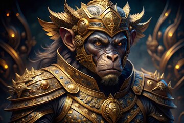 Obraz premium Regal Monkey Warrior in Golden Armor - Powerful Fantasy Stock Photo