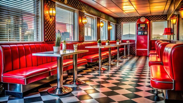 Retro American Diner: Checkerboard Floor, Red Booths, Jukebox Nostalgia
