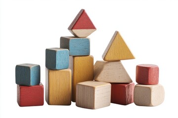 Colorful wooden blocks stacked, studio shot, white background, child's play