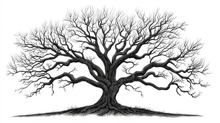 Obraz premium Winter Oak Tree, Isolated, Bare Branches, White Background, Nature Illustration