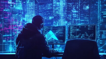 Person using two computer screens displaying code and graphics in a futuristic setting
