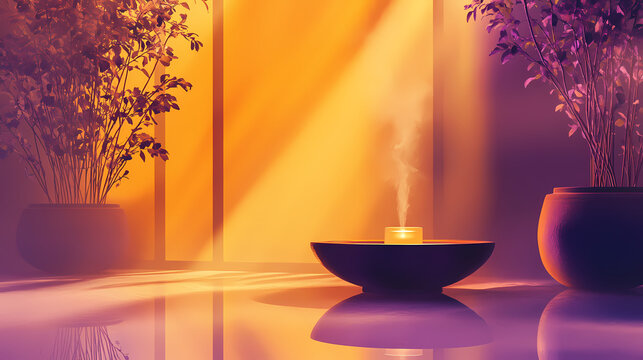 Serene aromatherapy moment essential oil diffuser in relaxing setting. Silken Mist Spirits. Illustration