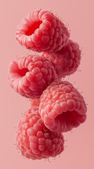 Food photo. Flying raspberry on the pastel pink background