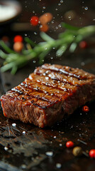 Food photo. Flying steak on the dark background