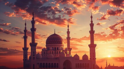 Beautiful mosque architecture against a sunset sky