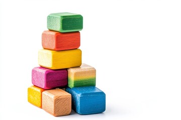 Colorful wooden blocks stacked, white background, growth concept, child's play