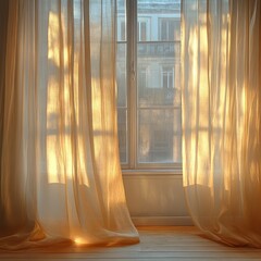 Golden Sunlight Streams Through Sheer Curtains in Parisian Apartment