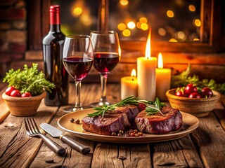 Romantic Dinner for Two: Steak, Wine, and Candlelight - Copy Space