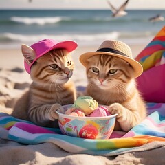 Tabby Orange cats Happy day on beach wearing hat and eating ice cream1