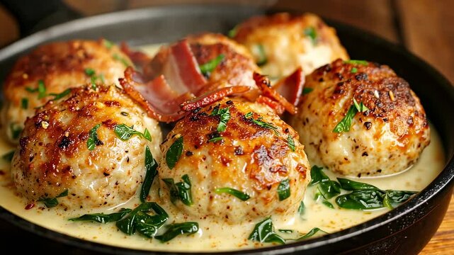 Delicious homemade meatballs smothered in a rich, creamy sauce, served on a plate with fresh herbs, creating a comforting and hearty dish.