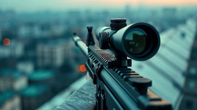 A dramatic first-person perspective of a sniper positioned on a rooftop, aiming through a scope, overlooking an urban landscape with high tension.