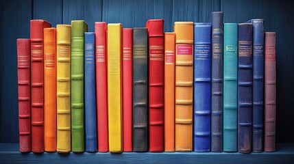 Naklejka premium Colorful collection of vintage books on a shelf against a blue wooden background, inviting reading