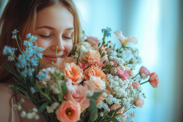Happy young woman with bunch of flowers.