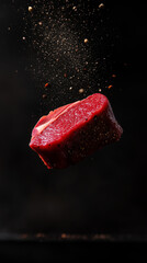 Food photo. Flying steak on the dark background