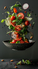 Food photo. Flying salad on the dark background