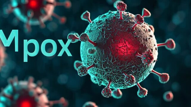 A highly detailed microscope image showing monkeypox virus particles, revealing their oval shape and complex structure under high magnification.