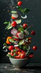 Food photo. Flying salad on the dark background