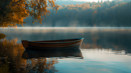 Serene wooden boat drifting on a calm lake surrounded by autumn foliage during early morning light.