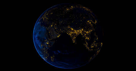 Obraz premium A stunning view of planet Earth at night, illuminated by glowing lights on a dark background.