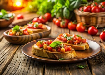 Rustic Charm: Delicious Bruschetta Appetizer on Wooden Table with Copy Space