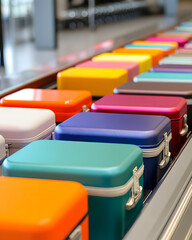 Row of Multicolored Suitcases on Airport Baggage Conveyor