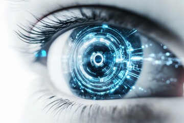 Futuristic eye, digital interface, close-up, tech background, AI concept
