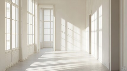 Fototapeta premium Sunlit Hallway with White Walls and Windows