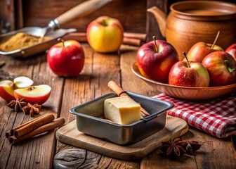 Rustic Home Baking Still Life: Apple Cinnamon Pie Prep Close-Up